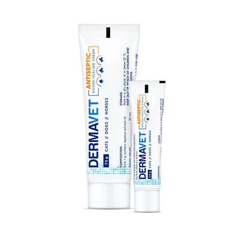 Antiseptic Wound-Healing Cream for cats, dogs and horses. Dermavet 20 g and 75 g.