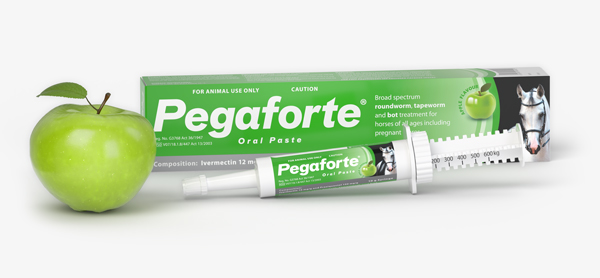Pegaforte dewormer for horses. A small volume apple flavoured dewormer for easy administration. Treats roundworms, tapeworms and bots.