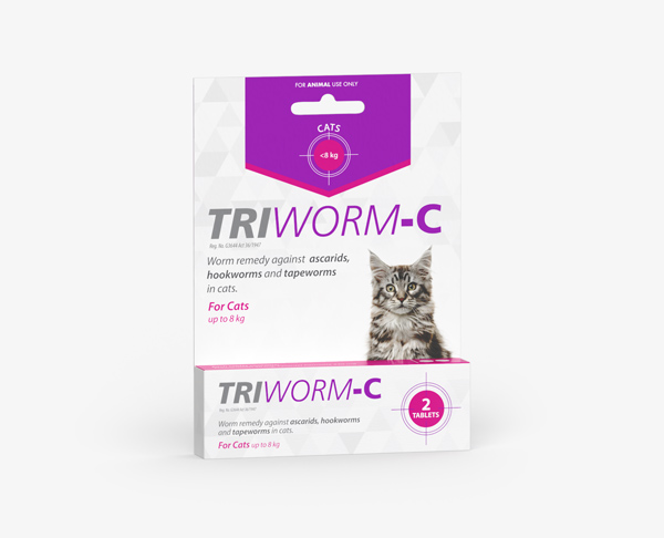 Dewormers for cats. Worm remedy against ascarids, hookworms and tapeworms. Triworm-C individual dose pack.