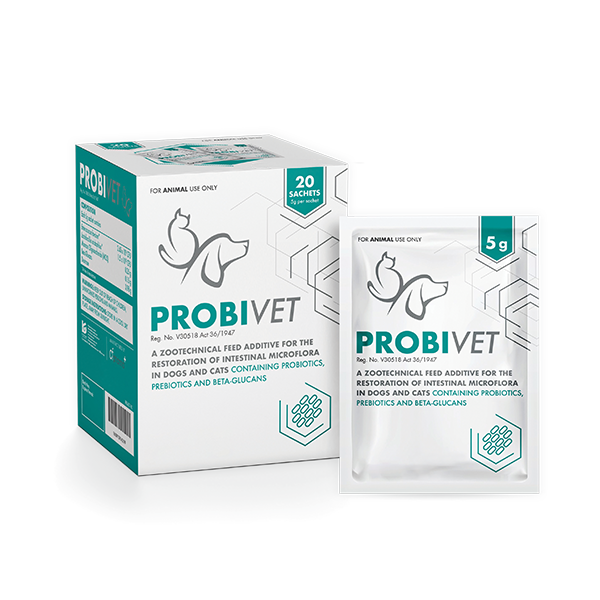 Containing probiotics, prebiotics and beta-glucans, Probivet is a zootechnical feed additive for the restoration of intestinal microflora in dogs and cats.