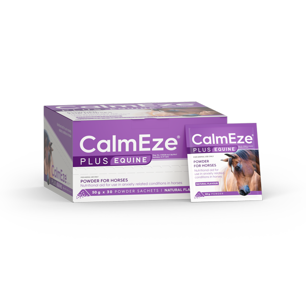 Nutritional aid for use in anxiety related conditions in horses. CalmEze Plus Equine Powder 50 g x 30 Sachets.