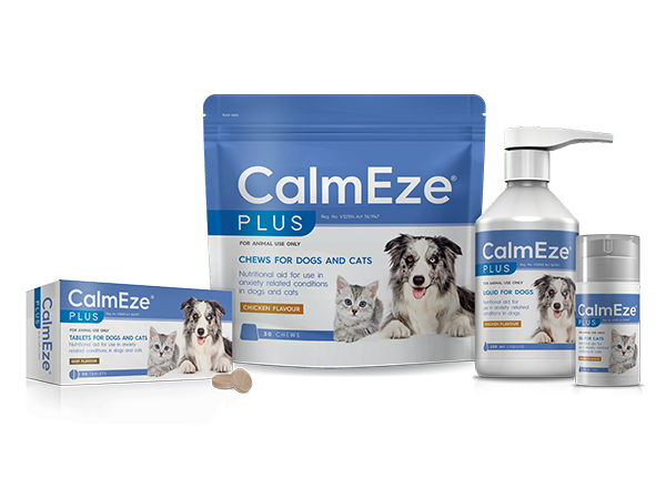 Nutritional aid for use in anxiety related conditions in dogs and cats. CalmEze Plus.