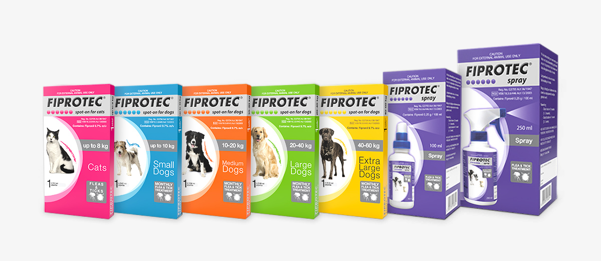 Fiprotec flea and tick treatment for dogs and cats full range.