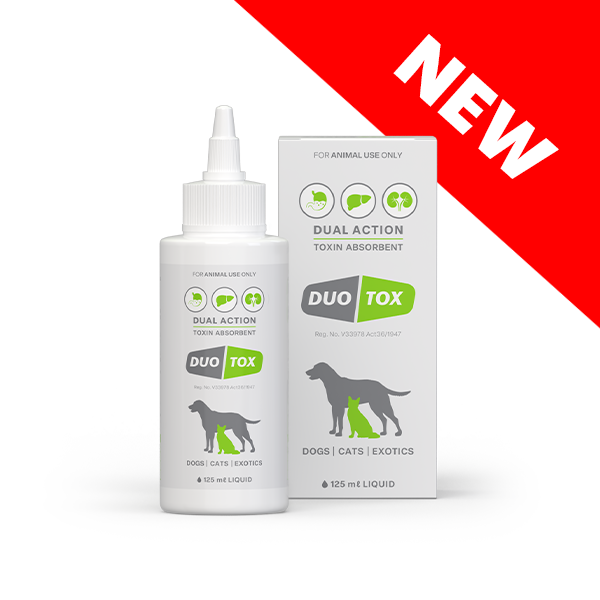 Duo Tox Liquid. Dual action toxin absorbent for dogs, cats and exotics.