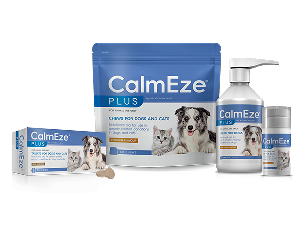 Nutritional aid for use in anxiety related conditions in dogs and cats. CalmEze Plus.