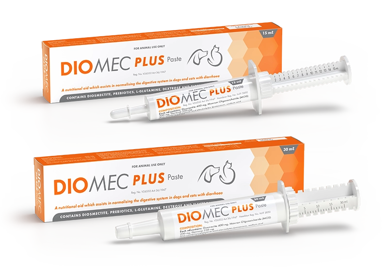 Diomec Plus Paste. A nutritional aid which assists in normalising the digestive system in dogs and cats with diarrhoea.