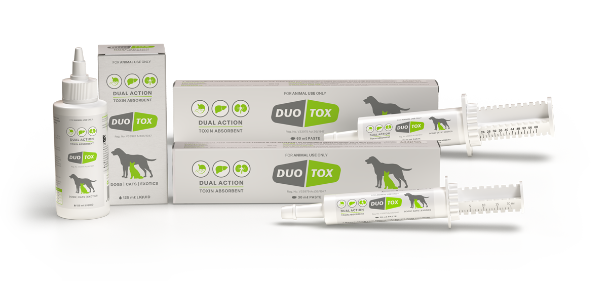 Dual action toxin absorbent for dogs, cats and exotics.