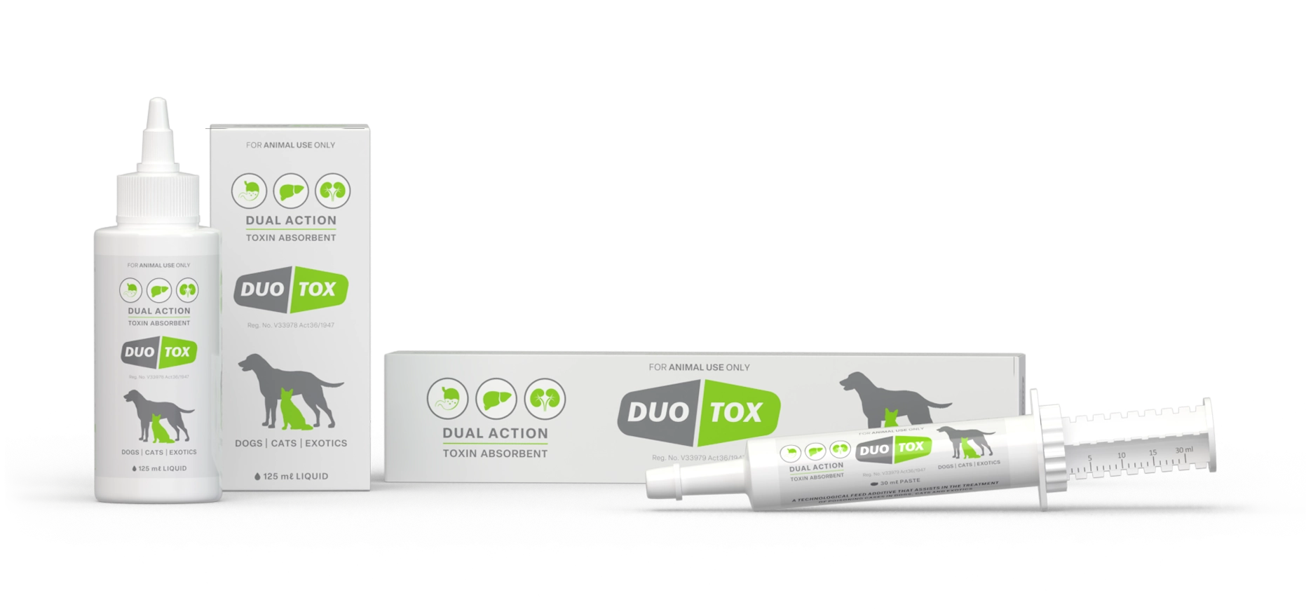 Dual action toxin absorbent for dogs, cats and exotics. Duo Tox.