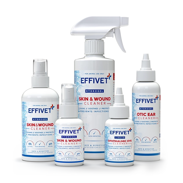 Effivet ear, skin and wound cleaners for dogs, cats and horses.